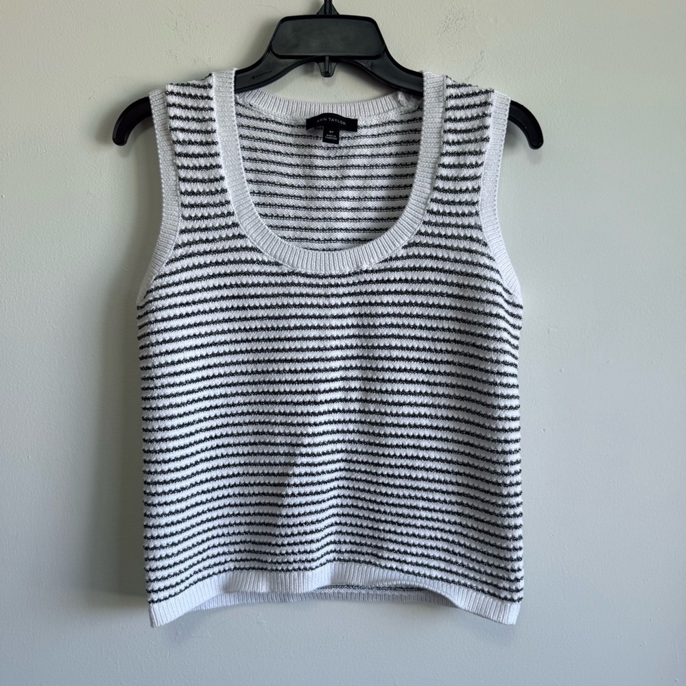 Ann Taylor Striped Metallic Knit Sweater Vest Top White Silver Petite MP - Picture 2 of 6